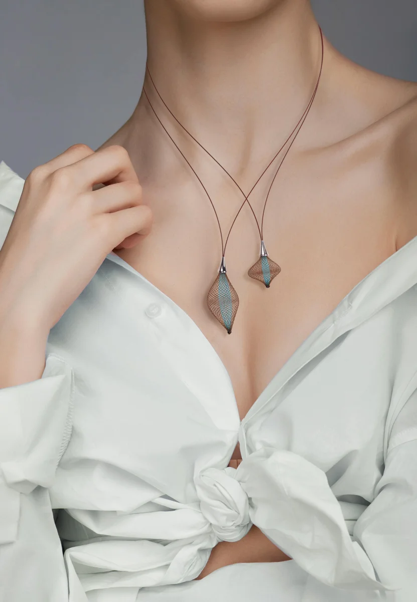 Gretchen Vlum Inside Out Double Necklace in bronze and turquoise, worn