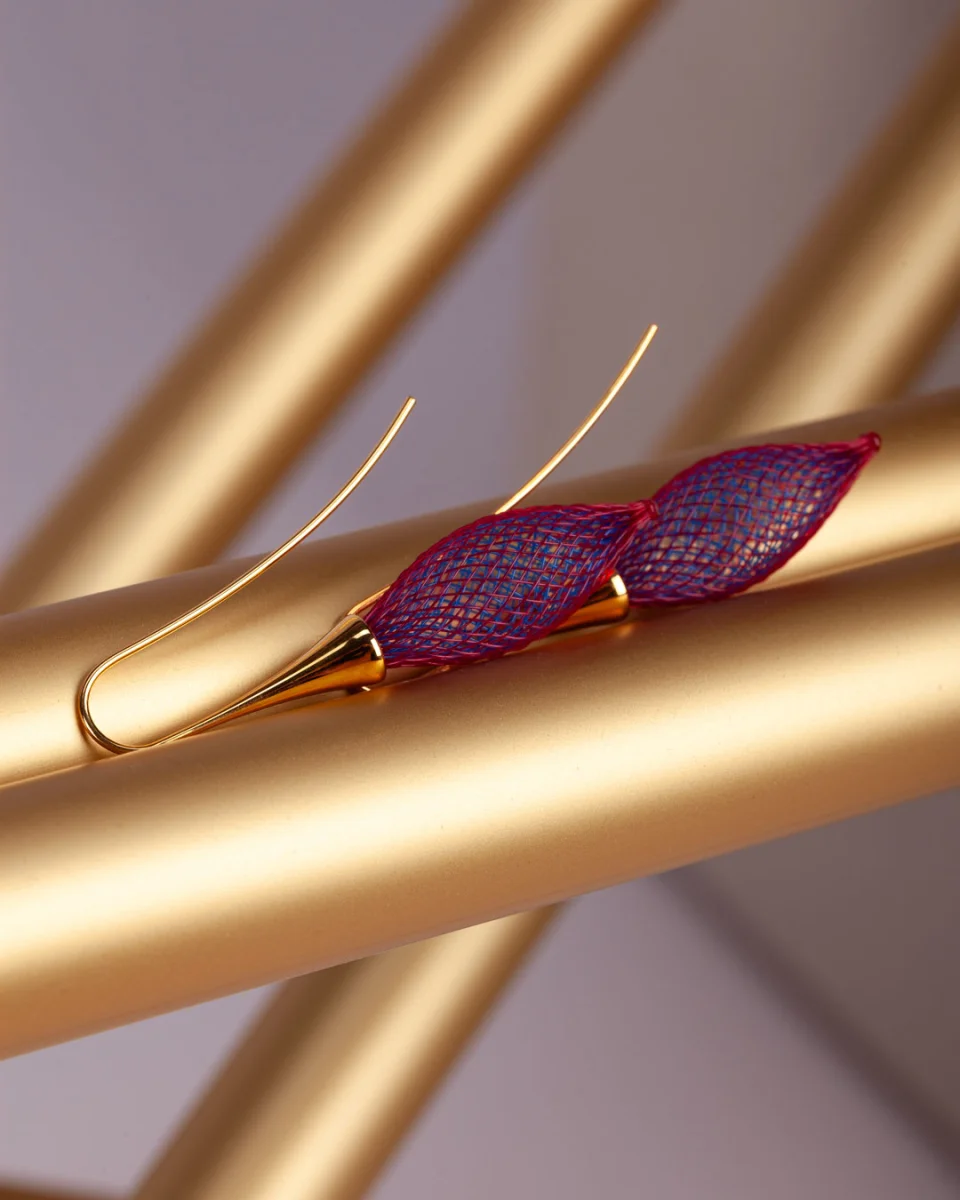 Gretchen Vlum Drop Earrings in Lila – leichte Designer-Ohrringe aus Nylon-Mesh und vergoldetem Messing